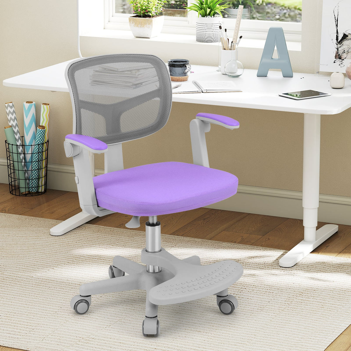 Kids Desk Chair Children Study Chair with Adjustable Height Armrest and Footrest-Purple-Kids Chairs-DECOROLALA