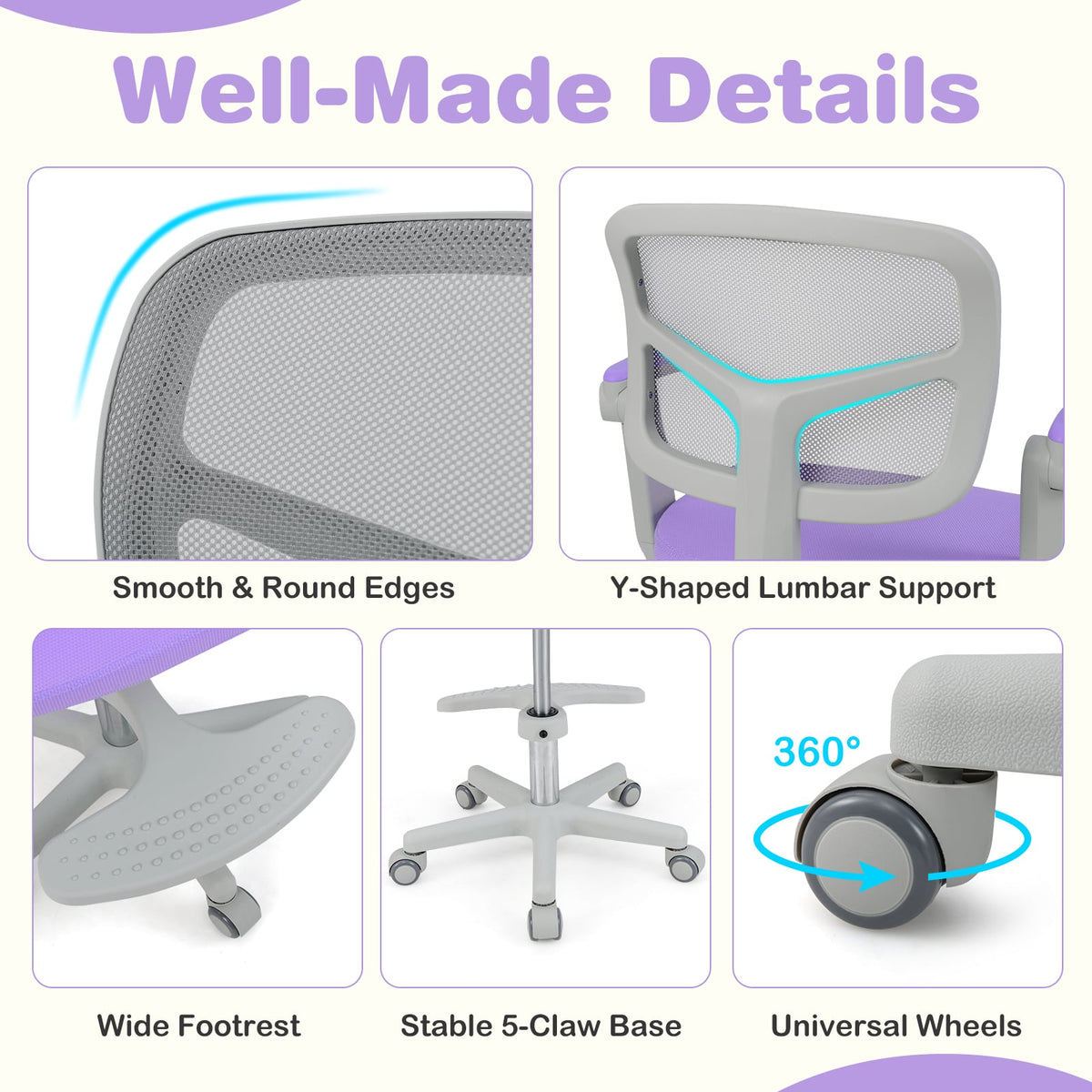 Kids Desk Chair Children Study Chair with Adjustable Height Armrest and Footrest-Purple-Kids Chairs-DECOROLALA