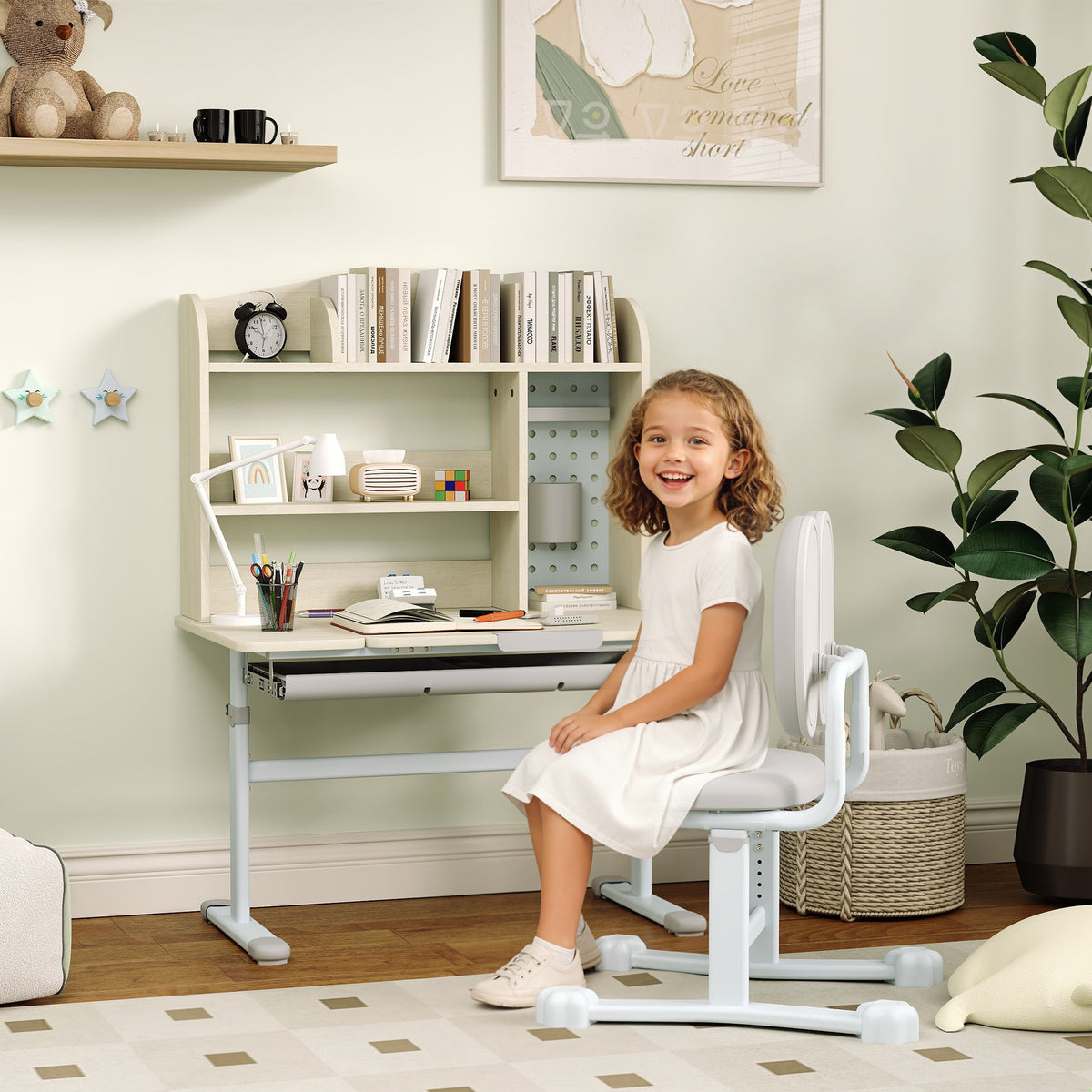 Kids Desk and Chair Set with Tilting Desktop, Adjustable Height, Drawer and Shelves for Boys Girls Ages 3-12-Toys & Games > Toddler & Kids Furniture > Kids Desk Sets-DECOROLALA