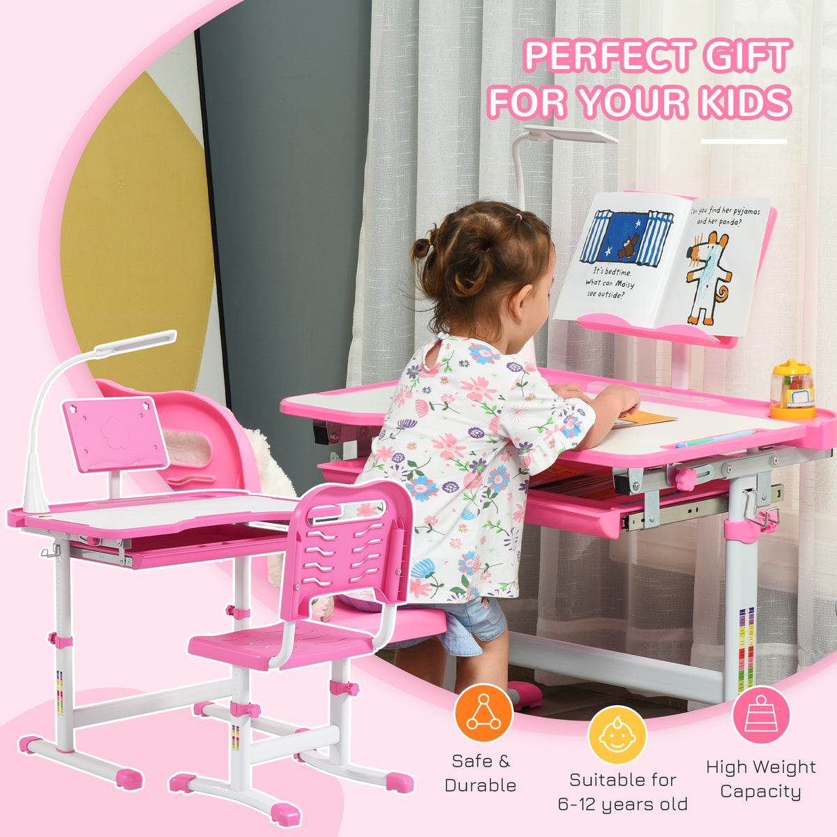 Kids Desk and Chair Set - Height Adjustable with LED Lamp-Toys & Games > Toddler & Kids Furniture > Kids Desk Sets-DECOROLALA