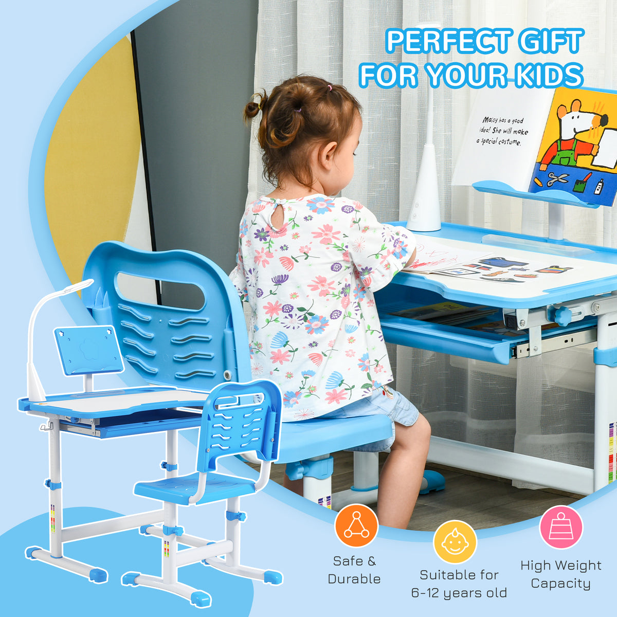 Kids Desk and Chair Set Height Adjustable Student Writing Desk Children School Study Table with Tilt Desktop-Toys & Games > Toddler & Kids Furniture > Kids Desk Sets-DECOROLALA