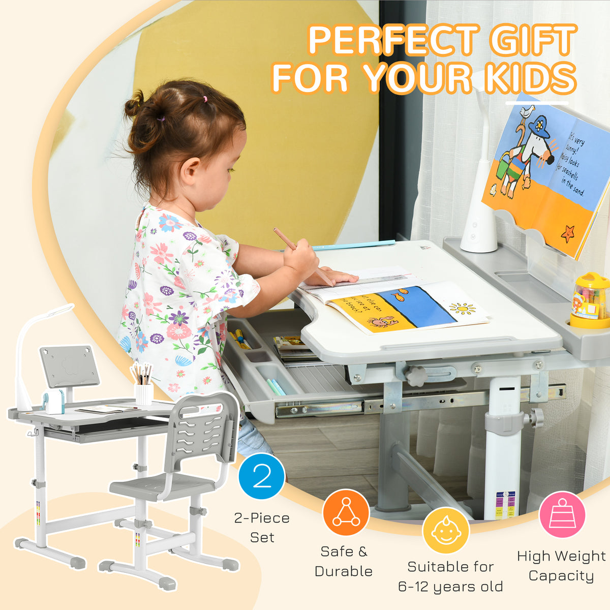 Kids Desk and Chair Set - Height Adjustable with LED Lamp-Toys & Games > Toddler & Kids Furniture > Kids Desk Sets-DECOROLALA