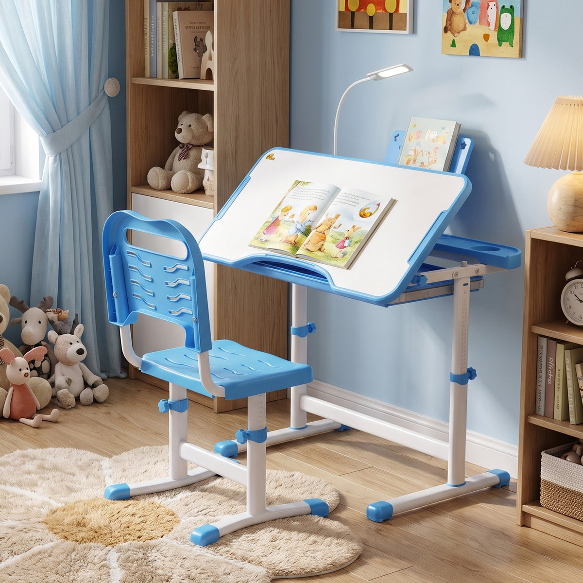 Kids Desk and Chair Set Height Adjustable Student Writing Desk Children School Study Table with Tilt Desktop-Toys & Games > Toddler & Kids Furniture > Kids Desk Sets-DECOROLALA