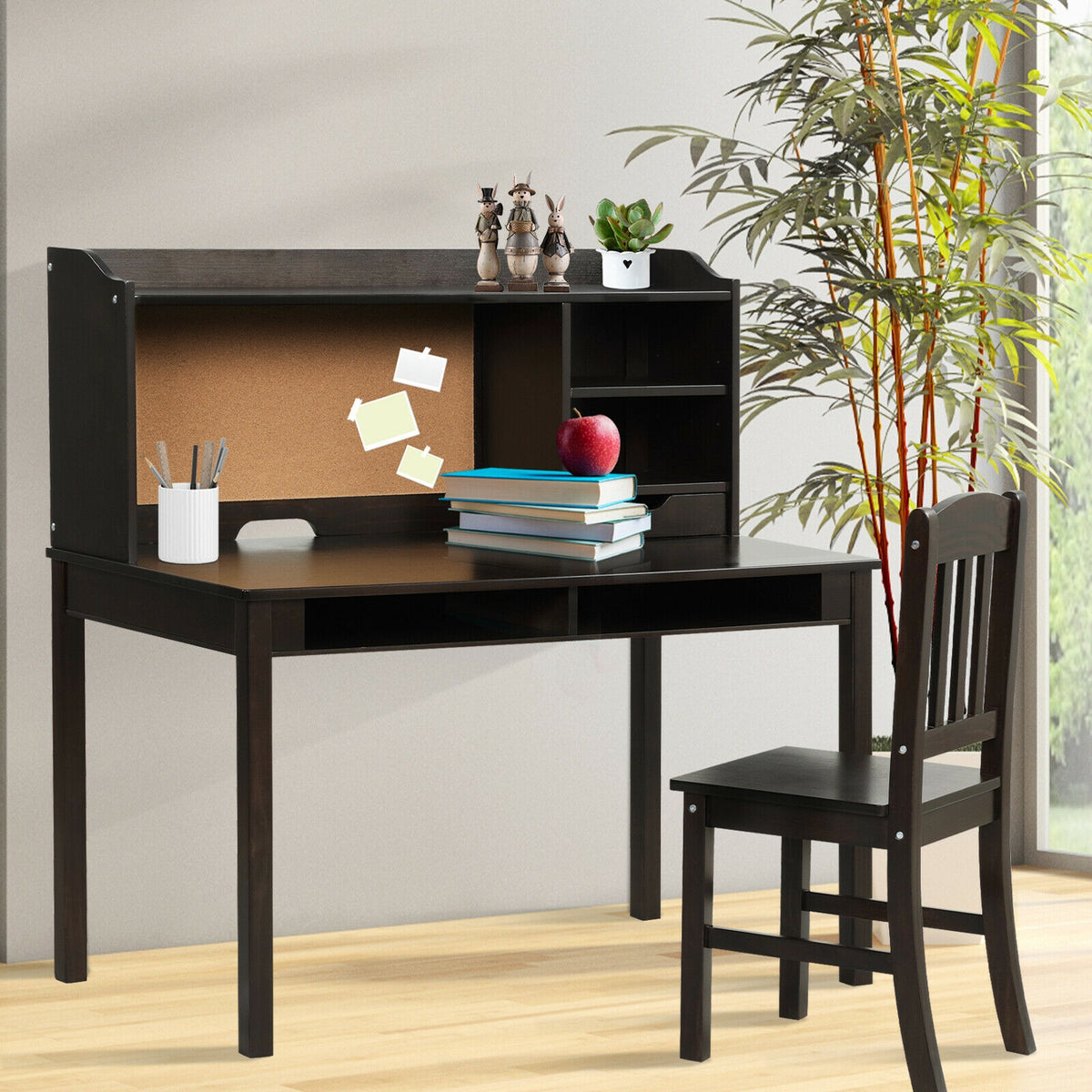 Kids Desk and Chair Set Study Writing Desk with Hutch and Bookshelves-Brown-Kids Tables & Chair Sets-DECOROLALA