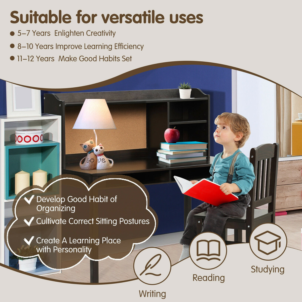 Kids Desk and Chair Set Study Writing Desk with Hutch and Bookshelves-Brown-Kids Tables & Chair Sets-DECOROLALA
