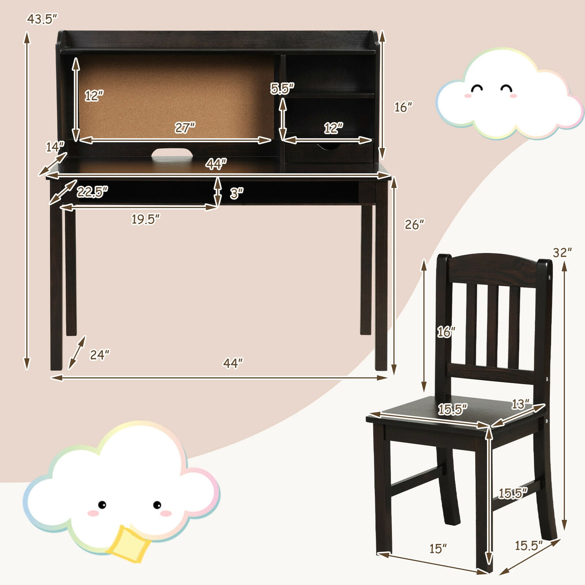 Kids Desk and Chair Set Study Writing Desk with Hutch and Bookshelves-Brown-Kids Tables & Chair Sets-DECOROLALA