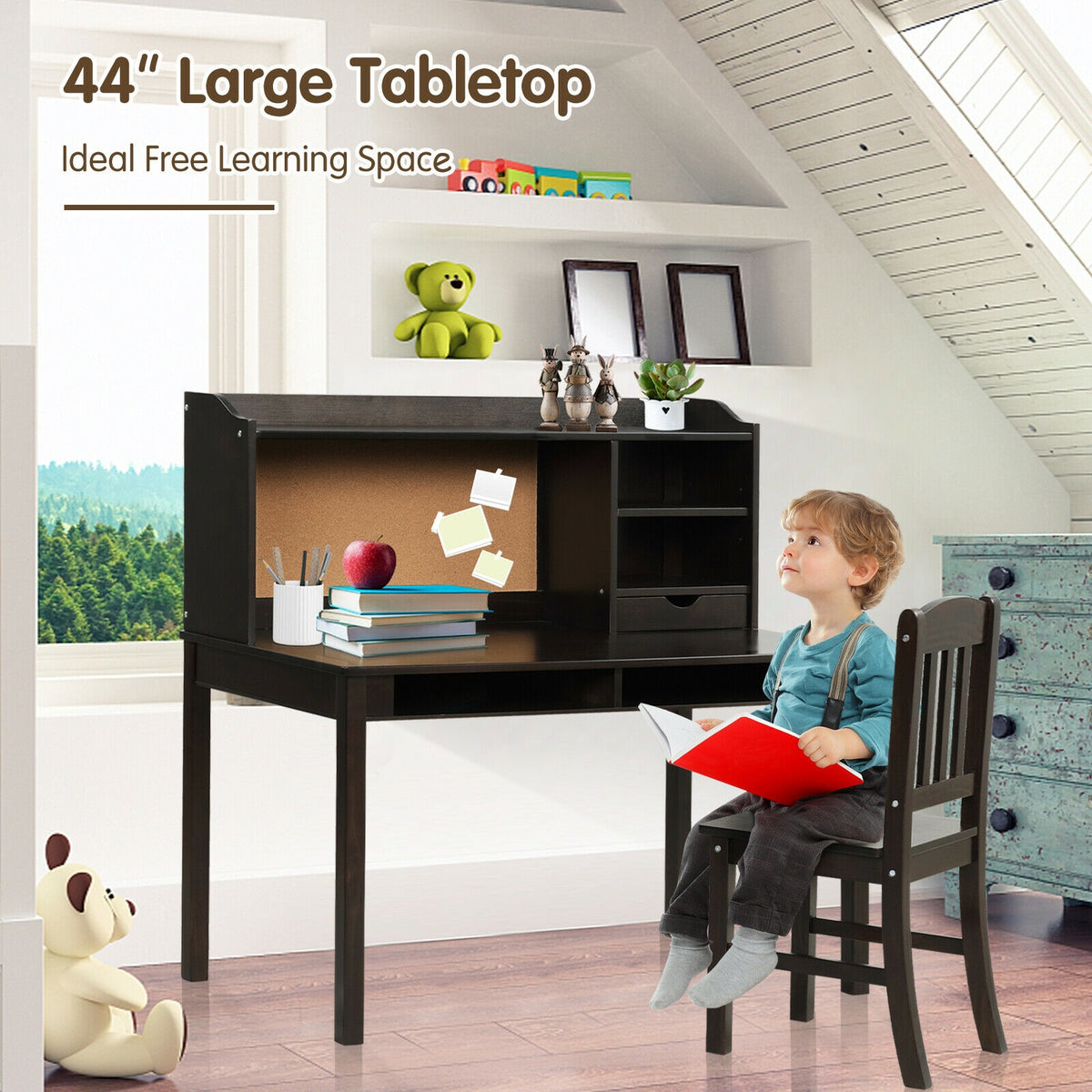 Kids Desk and Chair Set Study Writing Desk with Hutch and Bookshelves-Brown-Kids Tables & Chair Sets-DECOROLALA