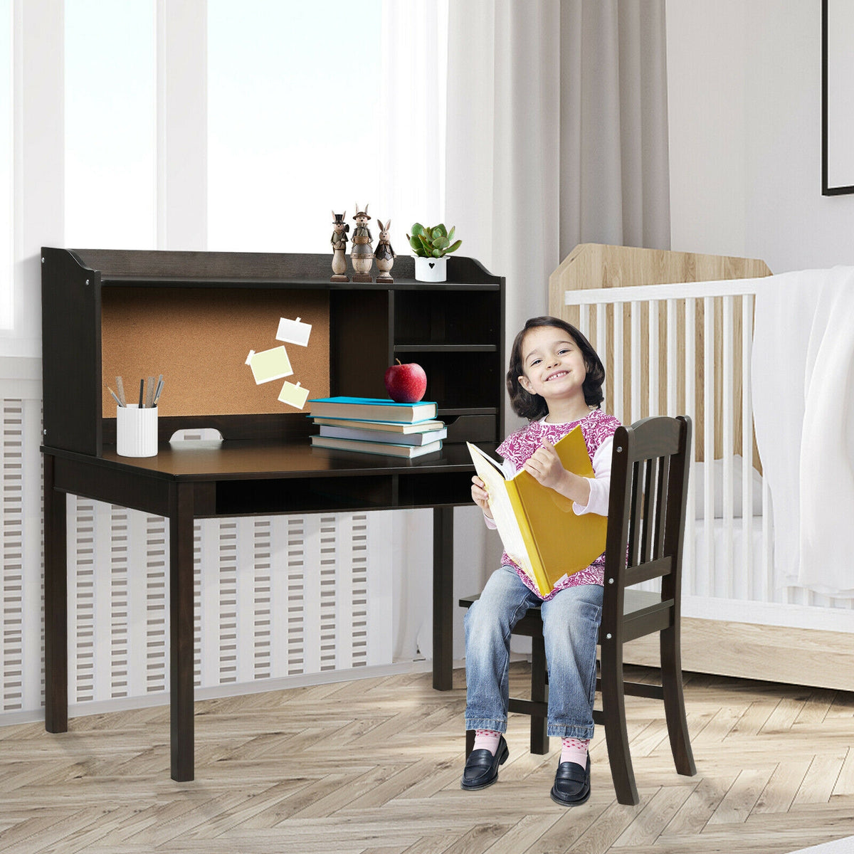 Kids Desk and Chair Set Study Writing Desk with Hutch and Bookshelves-Brown-Kids Tables & Chair Sets-DECOROLALA