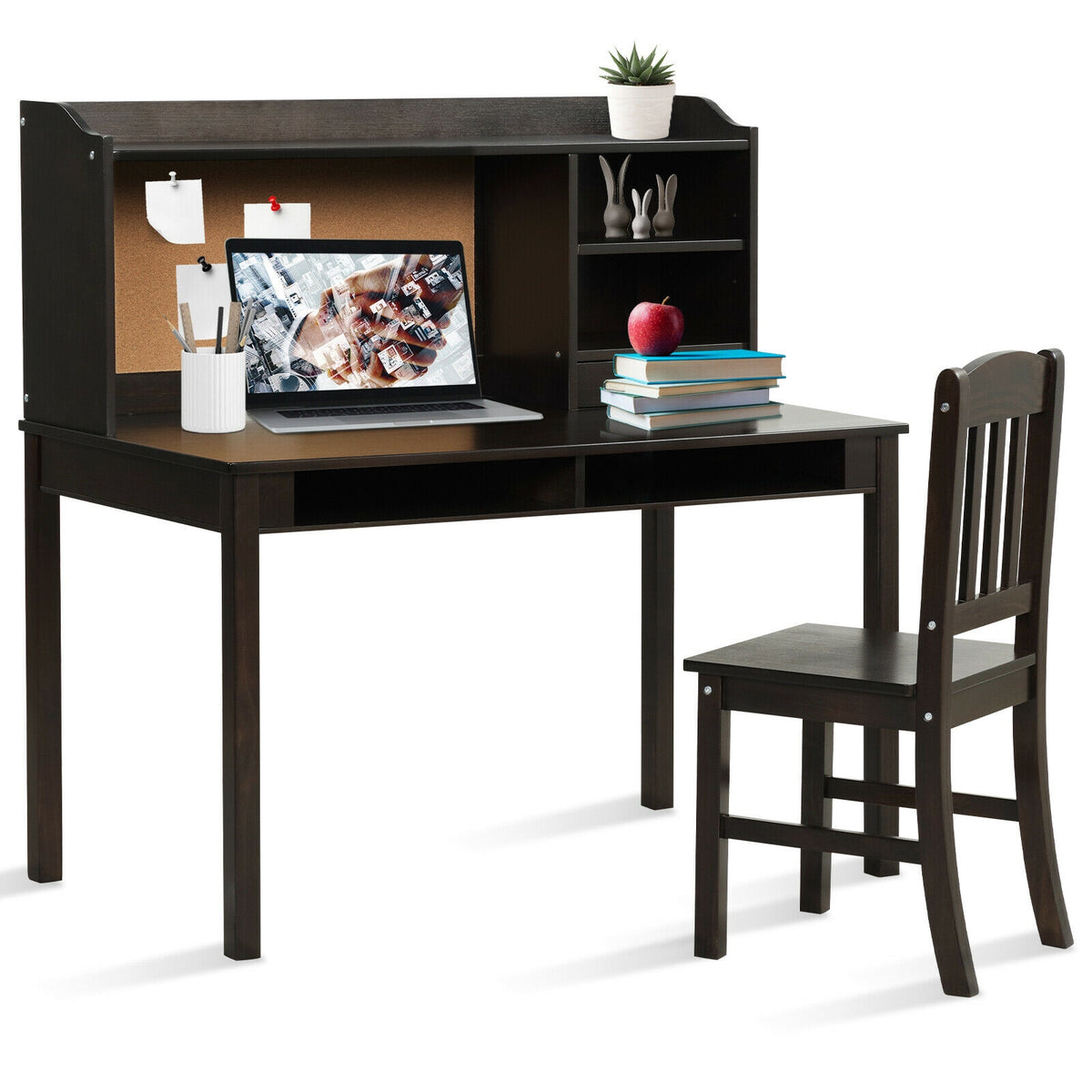 Kids Desk and Chair Set Study Writing Desk with Hutch and Bookshelves-Brown-Kids Tables & Chair Sets-DECOROLALA