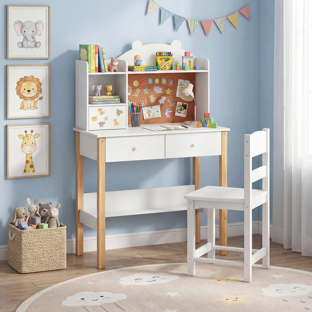 Kids Desk and Chair Set with Hutch Bulletin Board and Drawers-White-Kids Tables & Chair Sets-DECOROLALA
