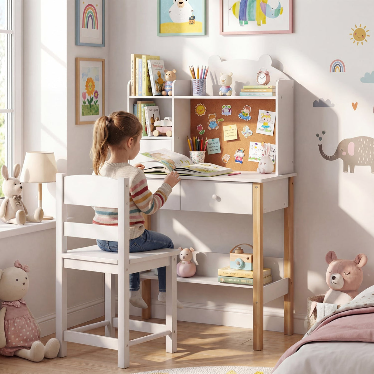 Kids Desk and Chair Set with Hutch Bulletin Board and Drawers-White-Kids Tables & Chair Sets-DECOROLALA