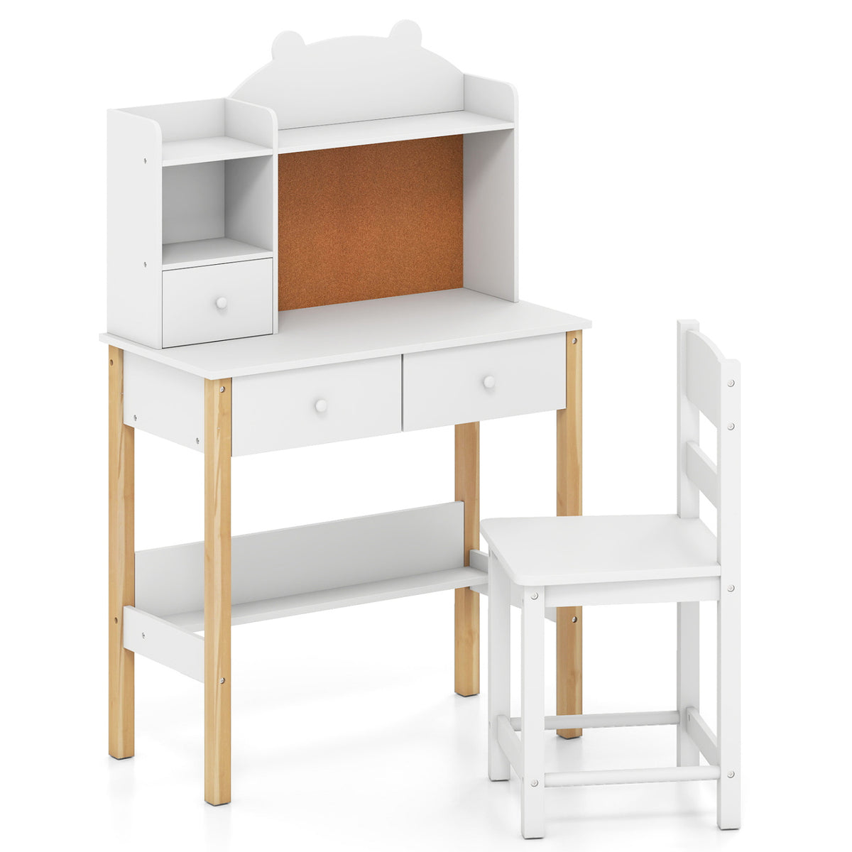 Kids Desk and Chair Set with Hutch Bulletin Board and Drawers-White-Kids Tables & Chair Sets-DECOROLALA