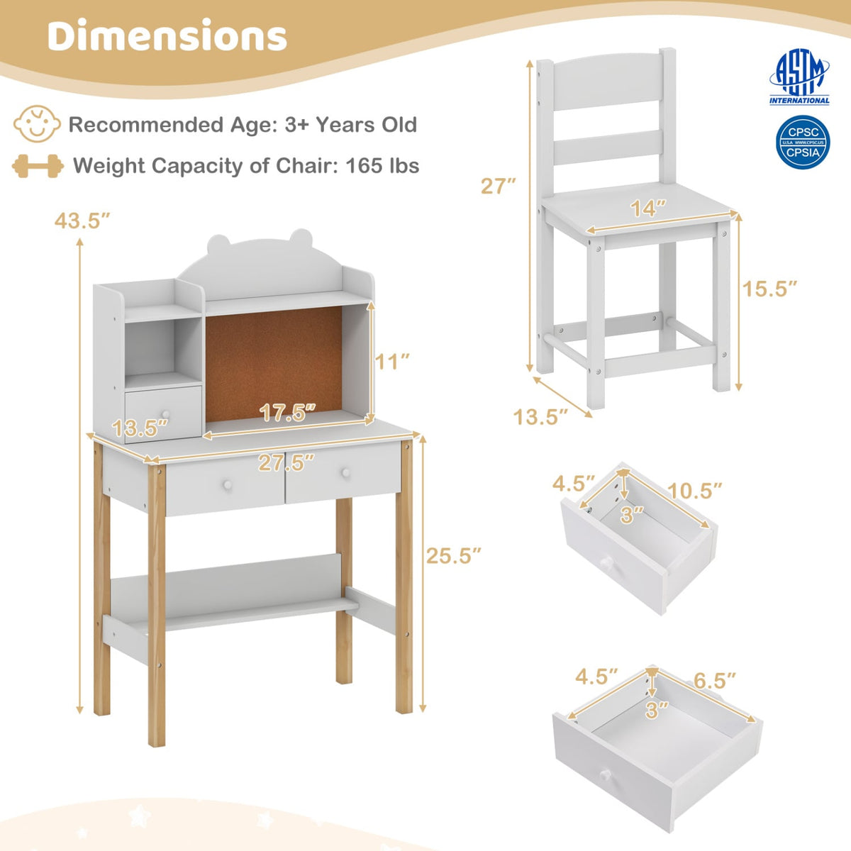Kids Desk and Chair Set with Hutch Bulletin Board and Drawers-White-Kids Tables & Chair Sets-DECOROLALA