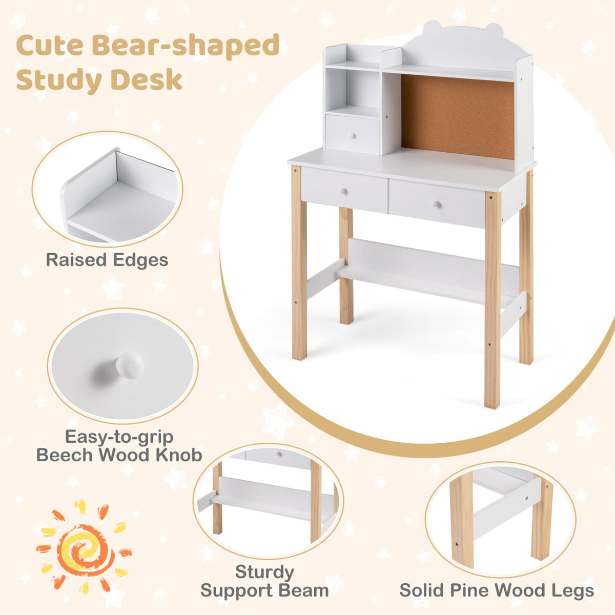 Kids Desk and Chair Set with Hutch Bulletin Board and Drawers-White-Kids Tables & Chair Sets-DECOROLALA
