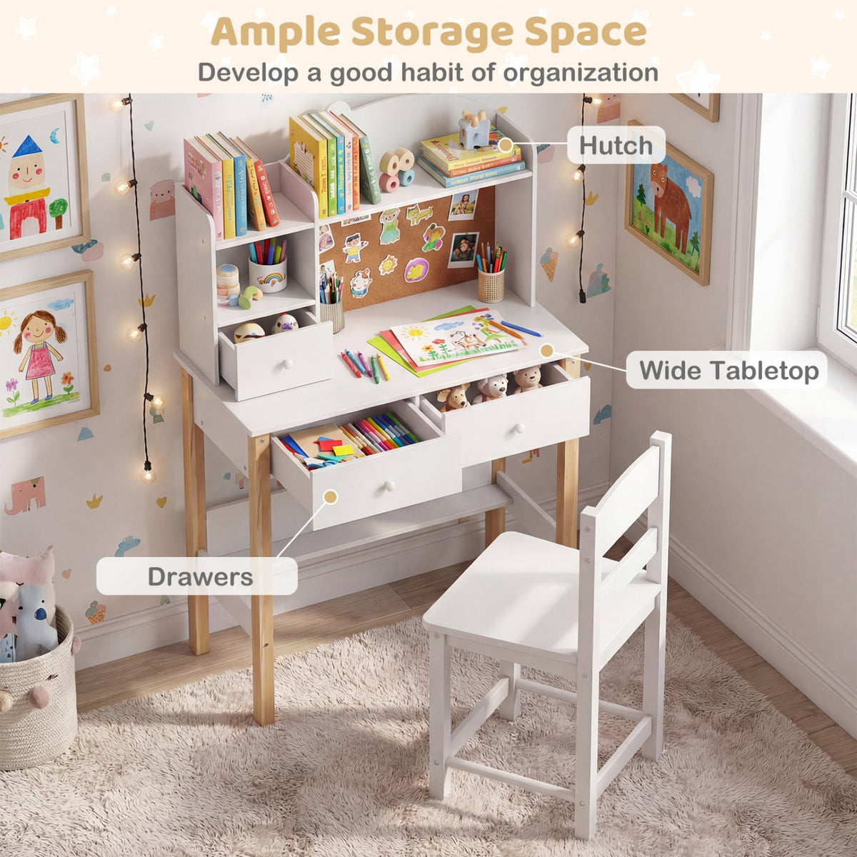 Kids Desk and Chair Set with Hutch Bulletin Board and Drawers-White-Kids Tables & Chair Sets-DECOROLALA