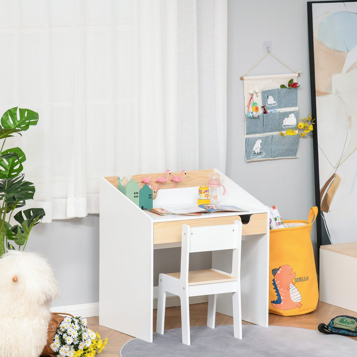 Kids Desk and Chair Set with Storage - White MDF-Toys & Games > Toddler & Kids Furniture > Kids Desk Sets-DECOROLALA