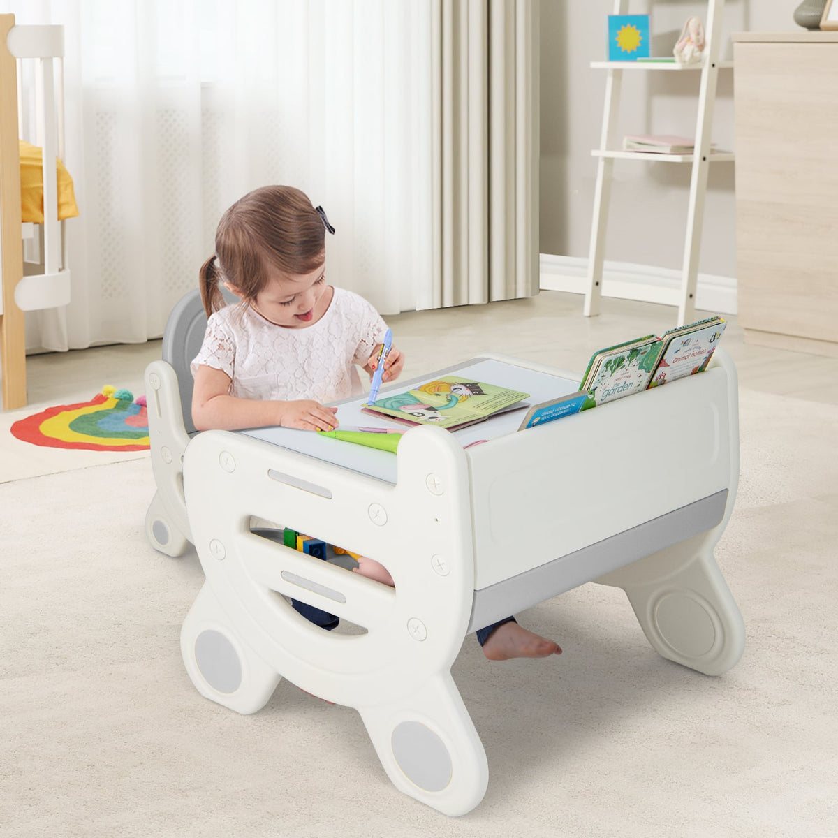 Kids Drawing Table and Chair Set with Watercolor Pens and Blackboard Eraser-Gray-Kids Tables & Chair Sets-DECOROLALA