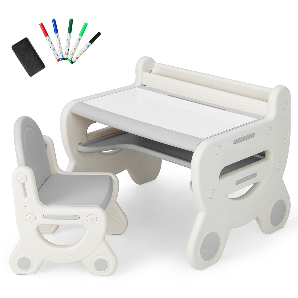 Kids Drawing Table and Chair Set with Watercolor Pens and Blackboard Eraser-Gray-Kids Tables & Chair Sets-DECOROLALA