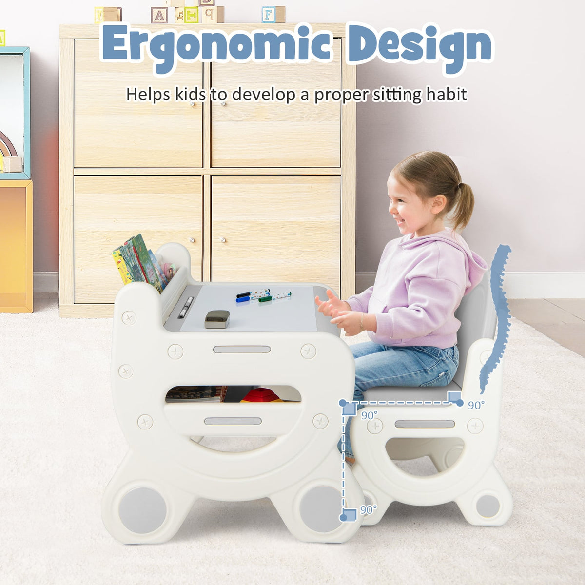 Kids Drawing Table and Chair Set with Watercolor Pens and Blackboard Eraser-Gray-Kids Tables & Chair Sets-DECOROLALA