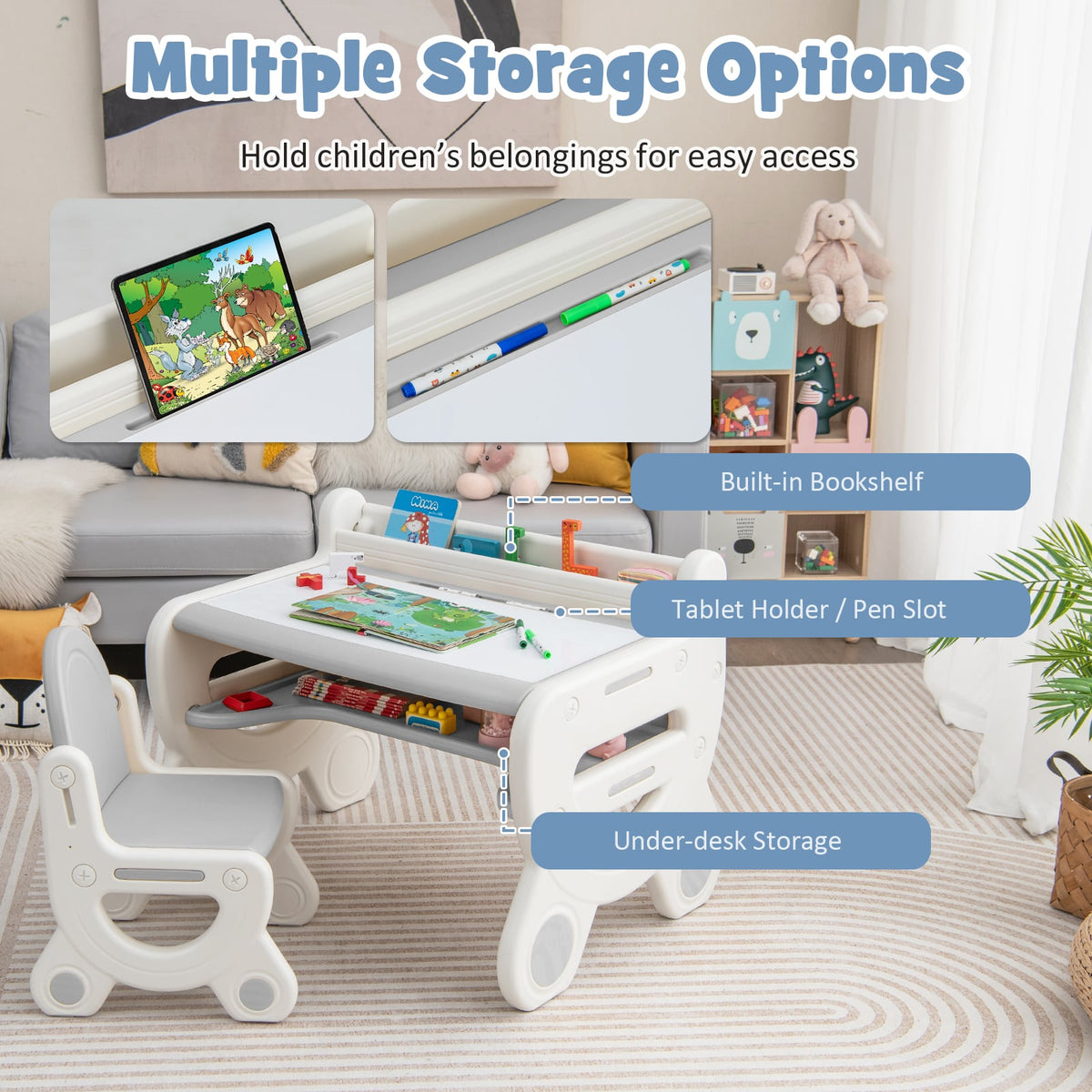 Kids Drawing Table and Chair Set with Watercolor Pens and Blackboard Eraser-Gray-Kids Tables & Chair Sets-DECOROLALA