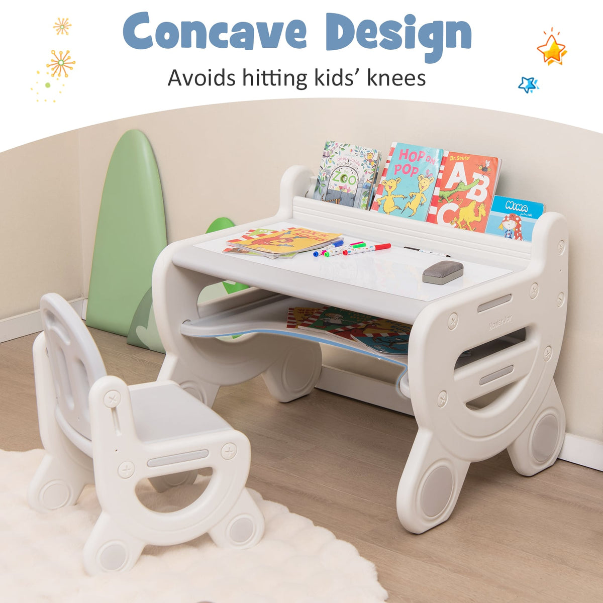 Kids Drawing Table and Chair Set with Watercolor Pens and Blackboard Eraser-Gray-Kids Tables & Chair Sets-DECOROLALA