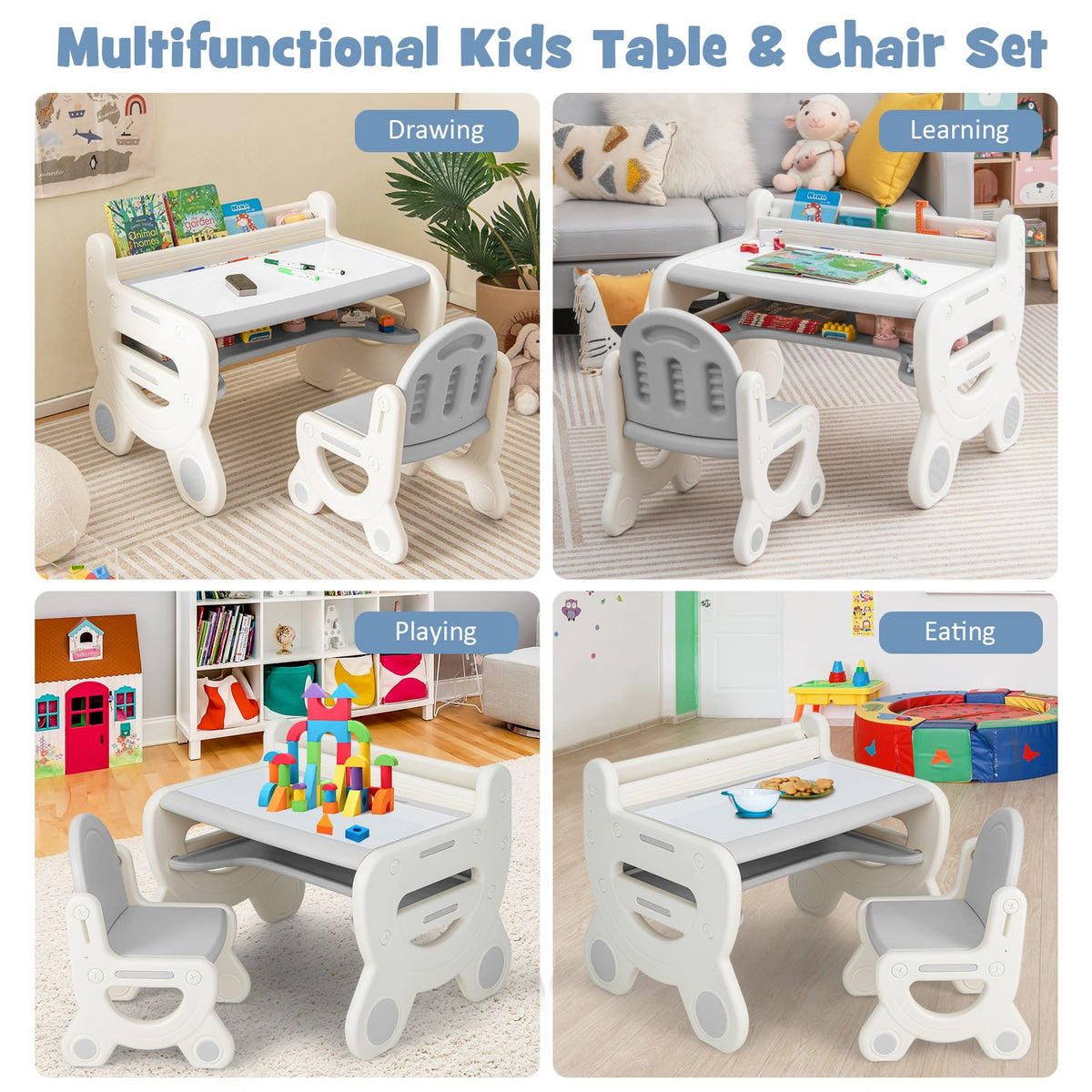 Kids Drawing Table and Chair Set with Watercolor Pens and Blackboard Eraser-Gray-Kids Tables & Chair Sets-DECOROLALA