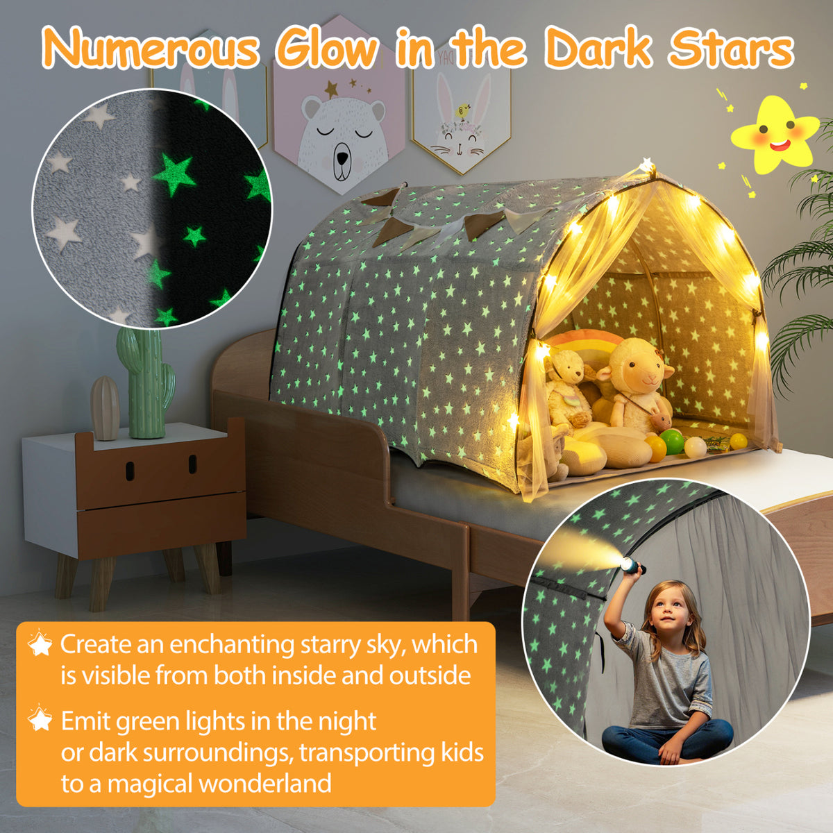 Kids Dream Bed Tent for Twin Bunk Bed - Glow in the Dark Stars