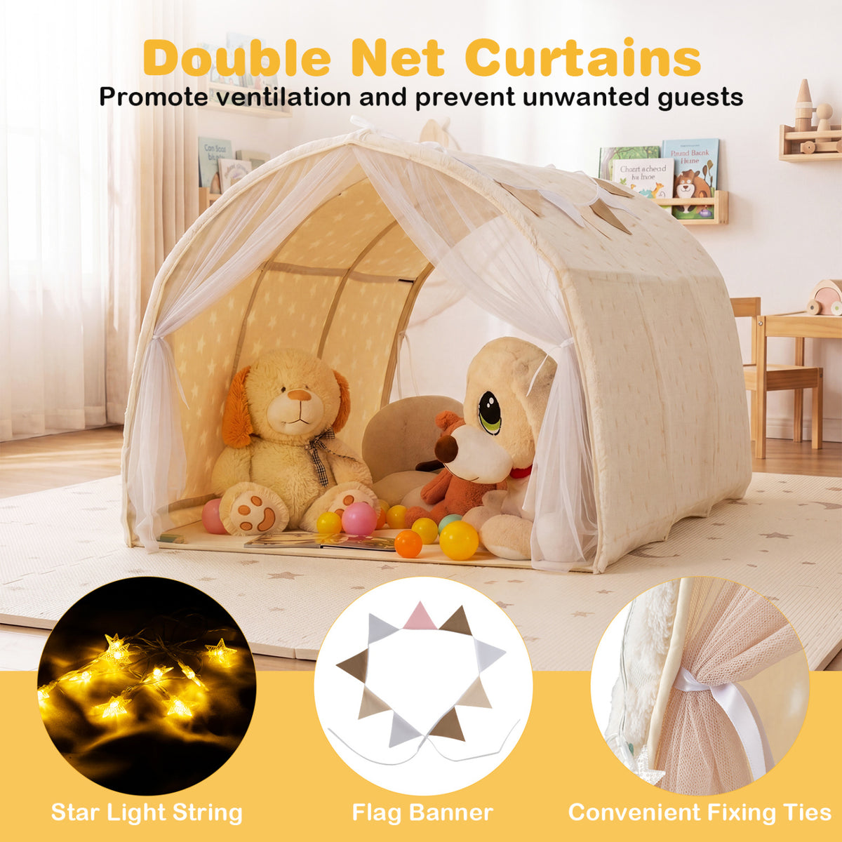 Kids Dream Bed Tent for Twin Bunk Bed - Glow in the Dark Stars