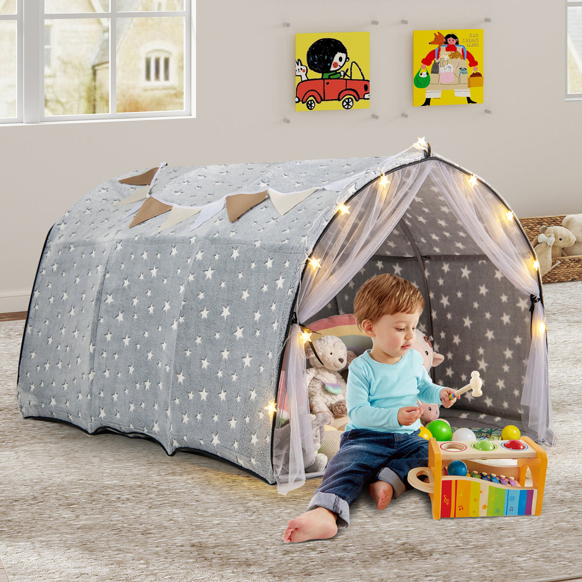 Kids Dream Bed Tent for Twin Bunk Bed - Glow in the Dark Stars