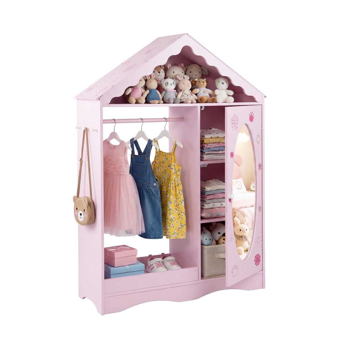 Kids Dress Up Storage with Mirror Roofed Wardrobe Closet with Open Hanging Rack-Pink-Kids Storage-DECOROLALA