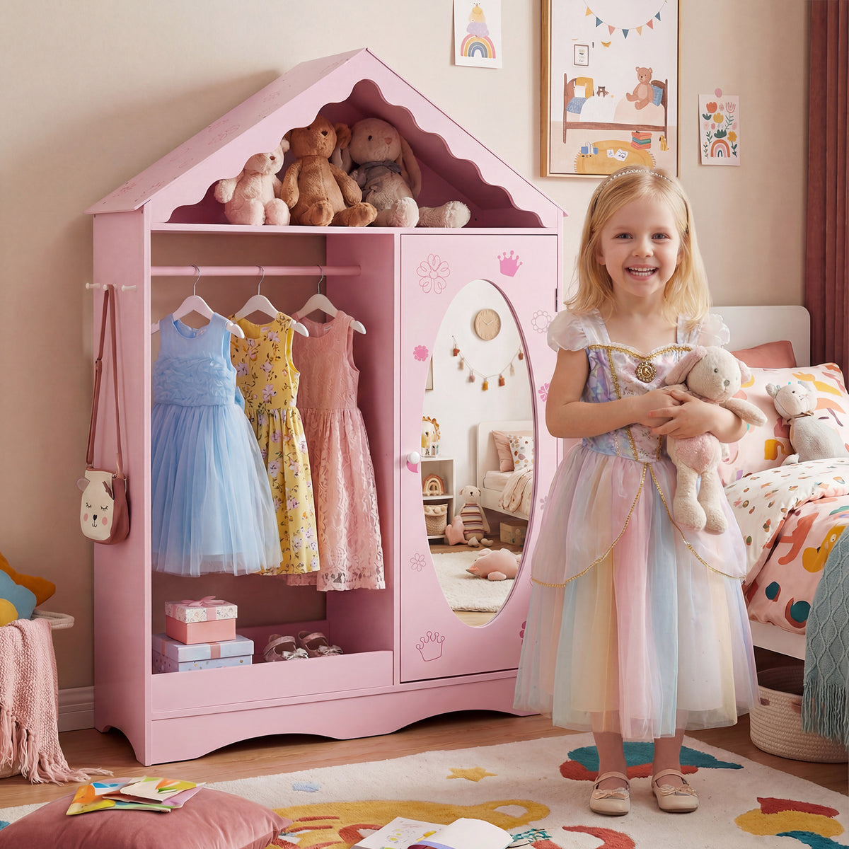 Kids Dress Up Storage with Mirror Roofed Wardrobe Closet with Open Hanging Rack-Pink-Kids Storage-DECOROLALA