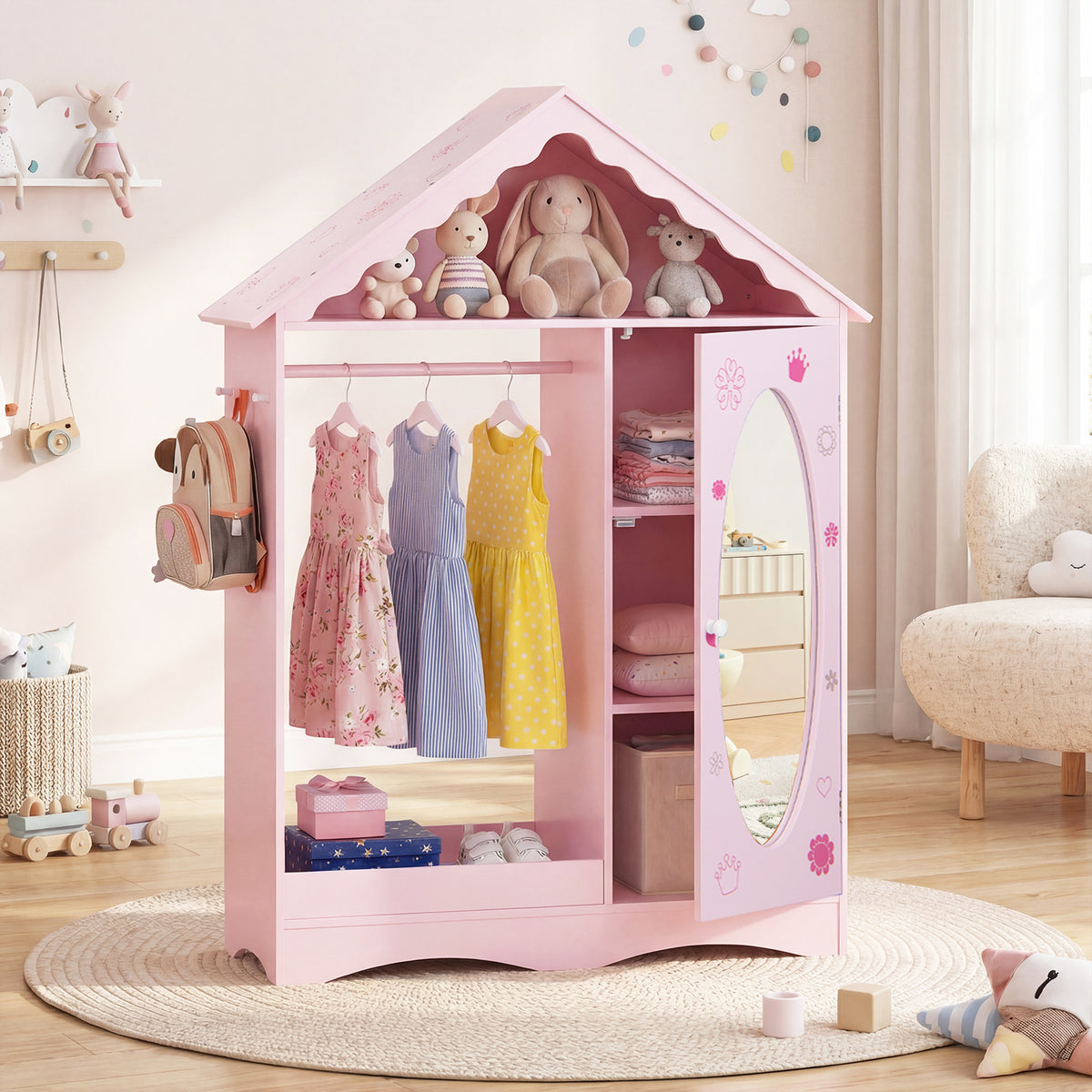 Kids Dress Up Storage with Mirror Roofed Wardrobe Closet with Open Hanging Rack-Pink-Kids Storage-DECOROLALA