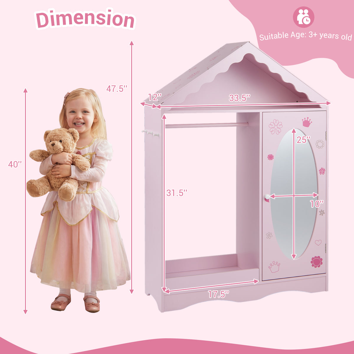 Kids Dress Up Storage with Mirror Roofed Wardrobe Closet with Open Hanging Rack-Pink-Kids Storage-DECOROLALA