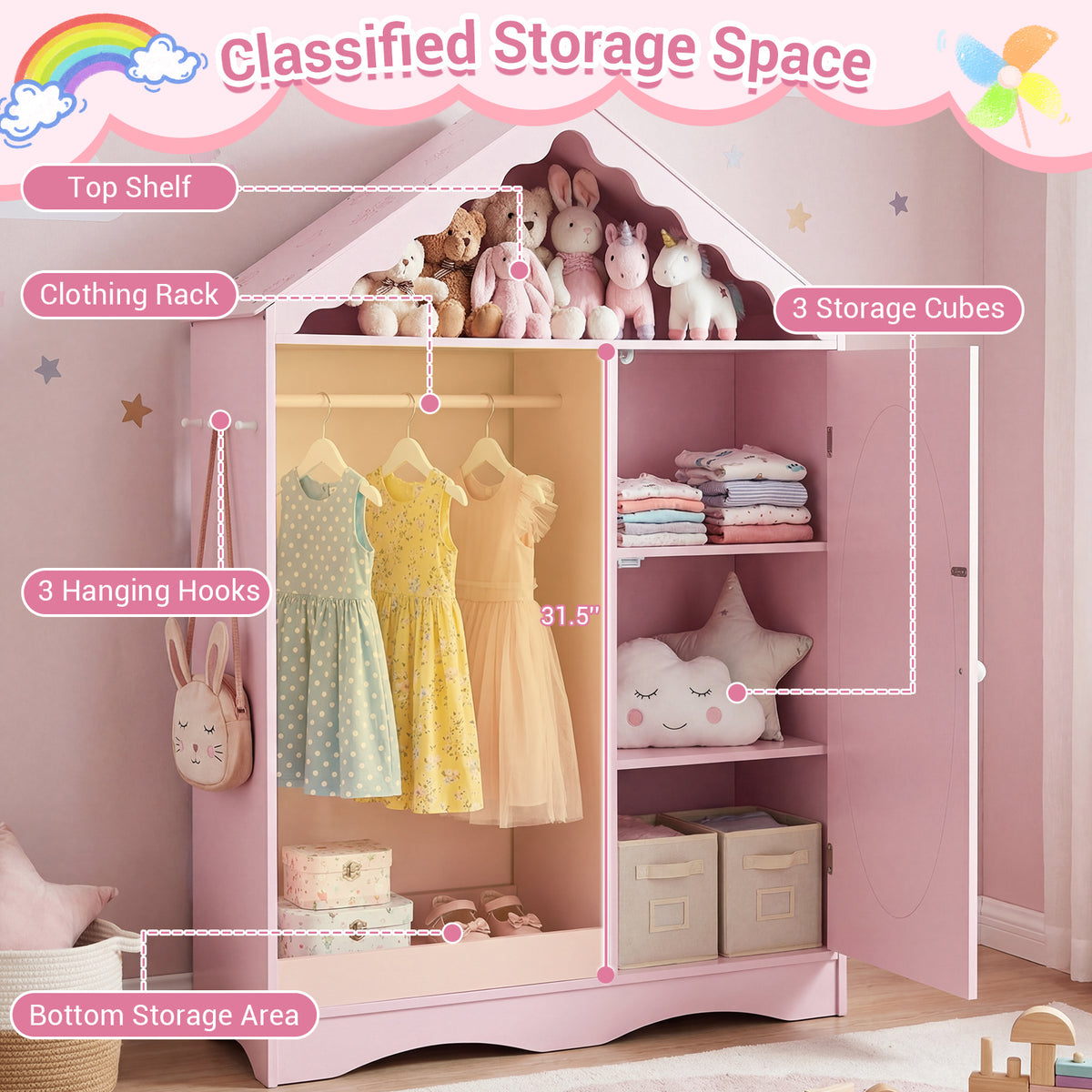 Kids Dress Up Storage with Mirror Roofed Wardrobe Closet with Open Hanging Rack-Pink-Kids Storage-DECOROLALA