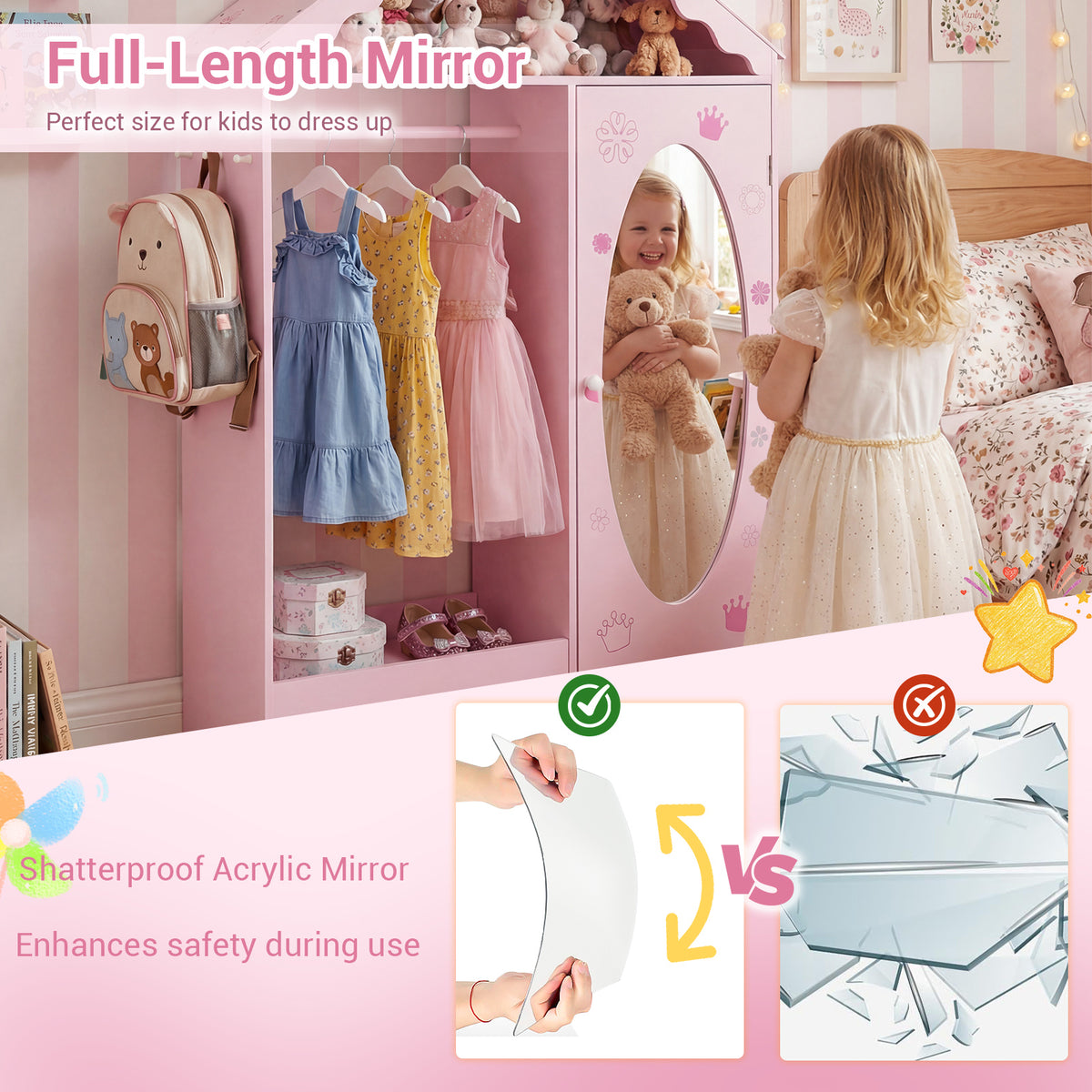 Kids Dress Up Storage with Mirror Roofed Wardrobe Closet with Open Hanging Rack-Pink-Kids Storage-DECOROLALA