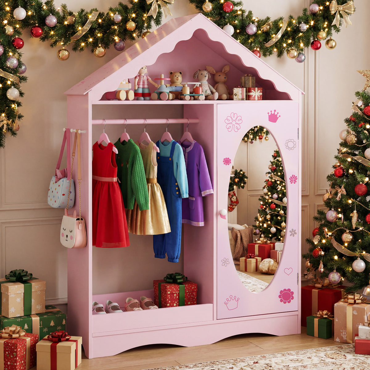 Kids Dress Up Storage with Mirror Roofed Wardrobe Closet with Open Hanging Rack-Pink-Kids Storage-DECOROLALA