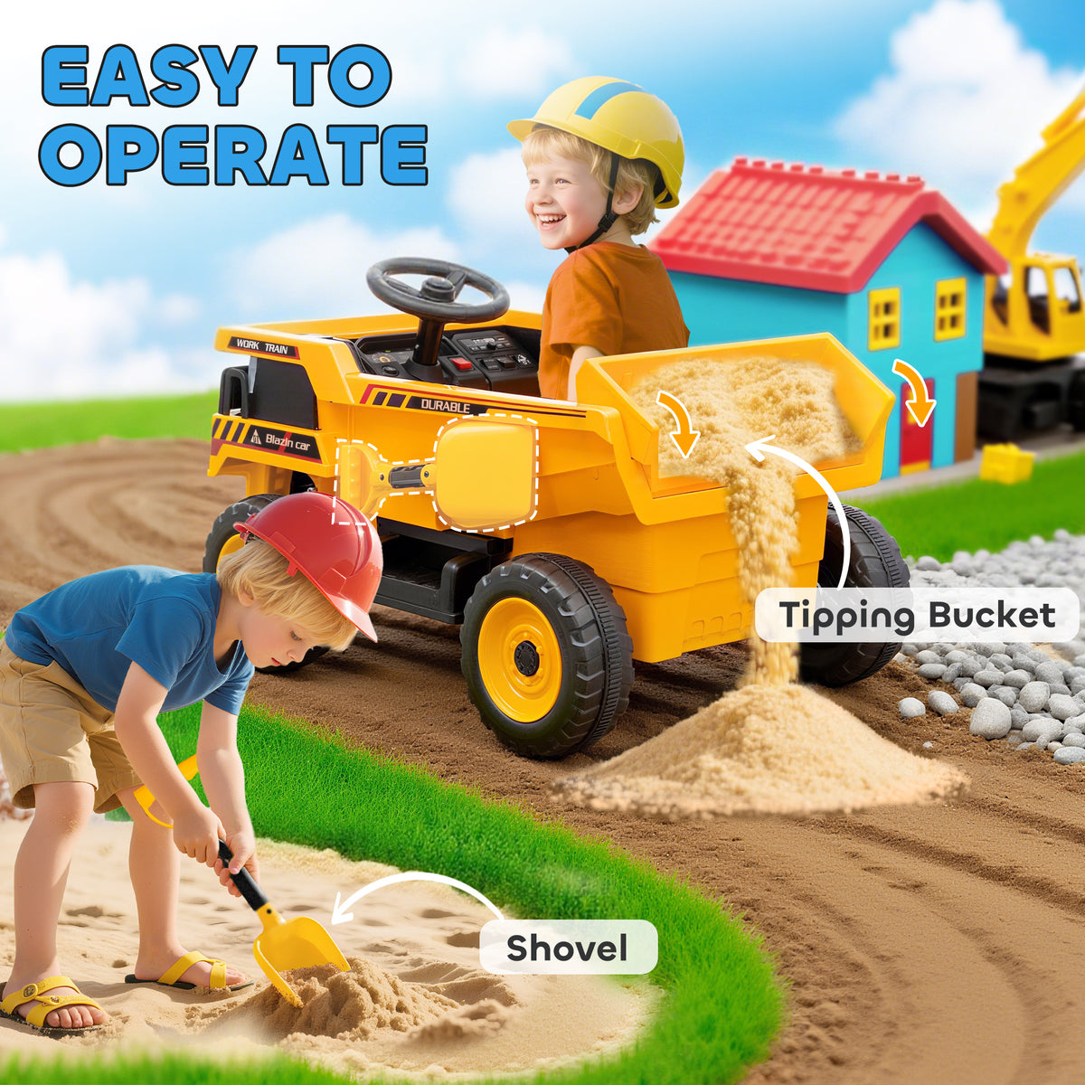 Kids Electric Car, Ride On Dump Truck, 12V Ride On Toy with Electric Dump Bed and Remote Control, Yellow-Toys & Games > Baby & Toddler Toys > Riding & Rocking Toys > Toy Excavators-DECOROLALA