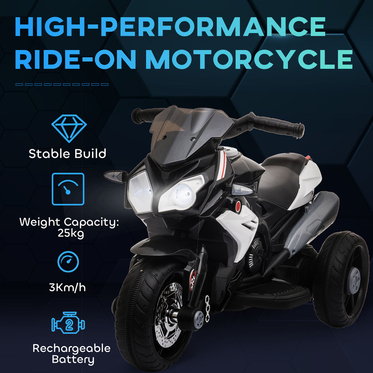 Kids Electric Motorcycle Ride-On Toy with 3 Wheels, Music, Horn, Lights-Toys & Games > Baby & Toddler Toys > Electric Ride-On Toys > Electric Motorcycles-DECOROLALA