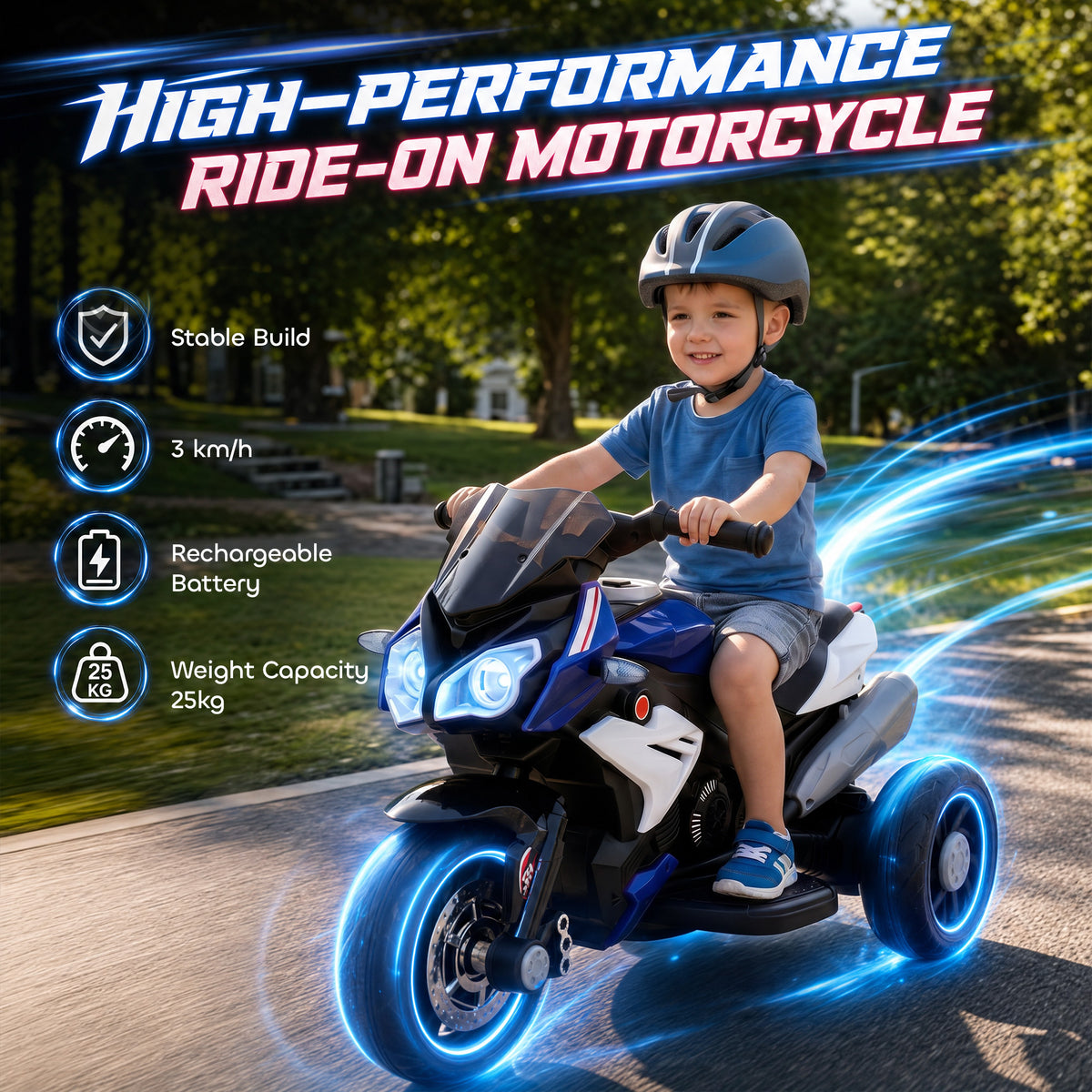 Kids Electric Motorcycle Ride-On Toy with 3 Wheels, Music, Horn, Lights-Toys & Games > Baby & Toddler Toys > Electric Ride-On Toys > Electric Motorcycles-DECOROLALA