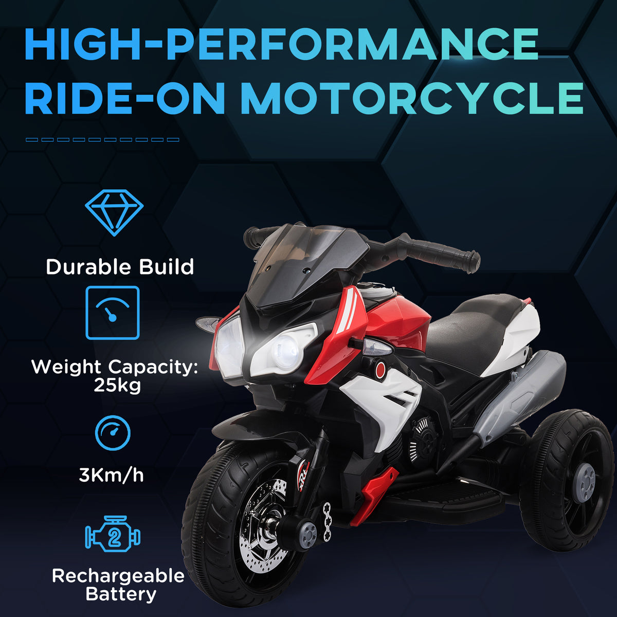 Kids Electric Motorcycle Ride-On Toy with 3 Wheels, Music, Horn, Lights-Toys & Games > Baby & Toddler Toys > Electric Ride-On Toys > Electric Motorcycles-DECOROLALA