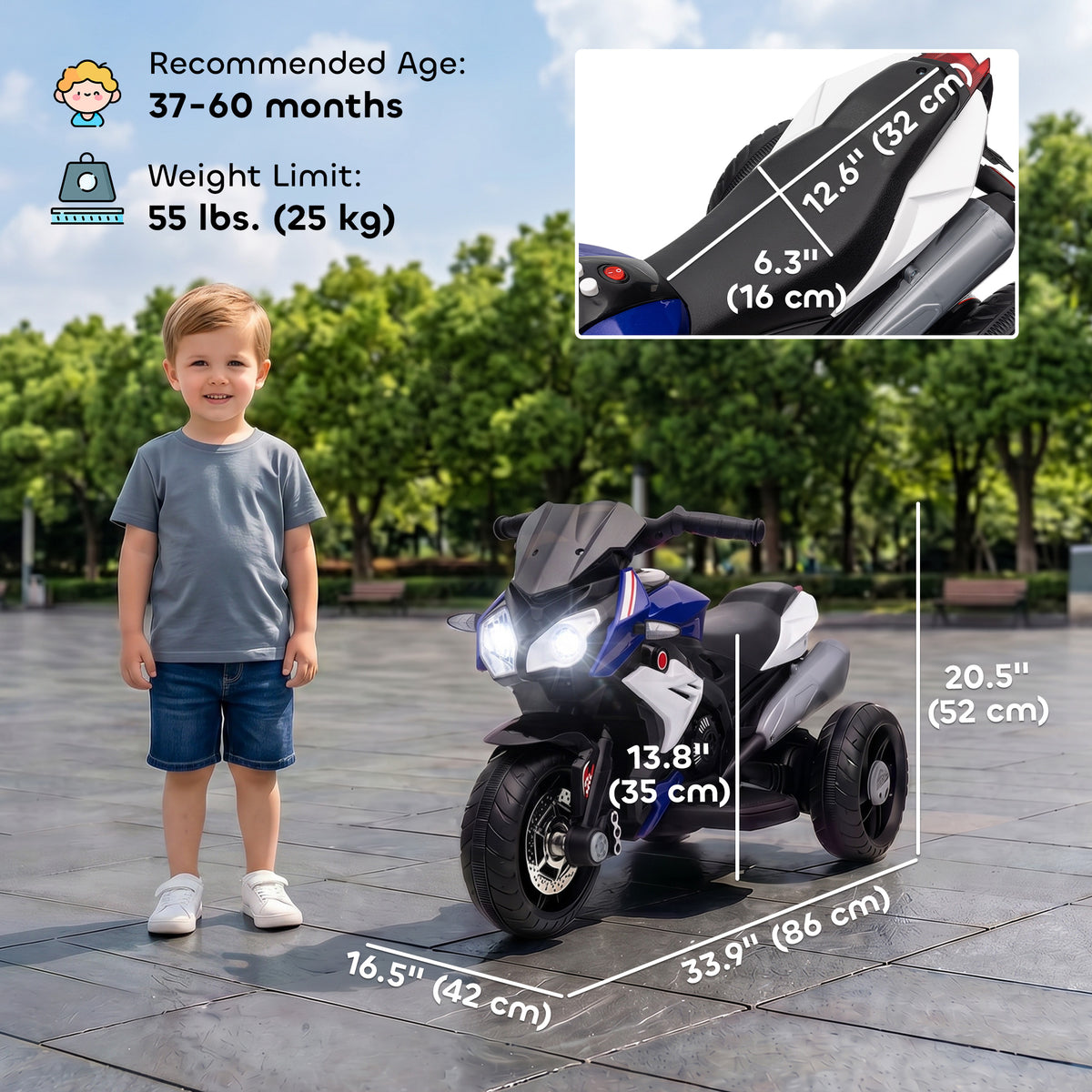 Kids Electric Motorcycle Ride-On Toy with 3 Wheels, Music, Horn, Lights-Toys & Games > Baby & Toddler Toys > Electric Ride-On Toys > Electric Motorcycles-DECOROLALA
