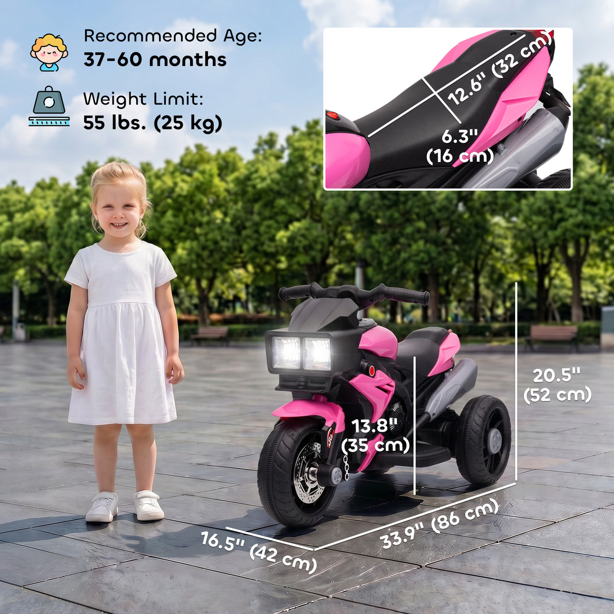 Kids Electric Pedal Motorcycle Ride-On Toy 6V Battery Powered w/ Music Horn Headlights Motorbike for 37â€“60 M Pink-Toys & Games > Baby & Toddler Toys > Electric Ride-On Toys > Electric Motorcycles-DECOROLALA