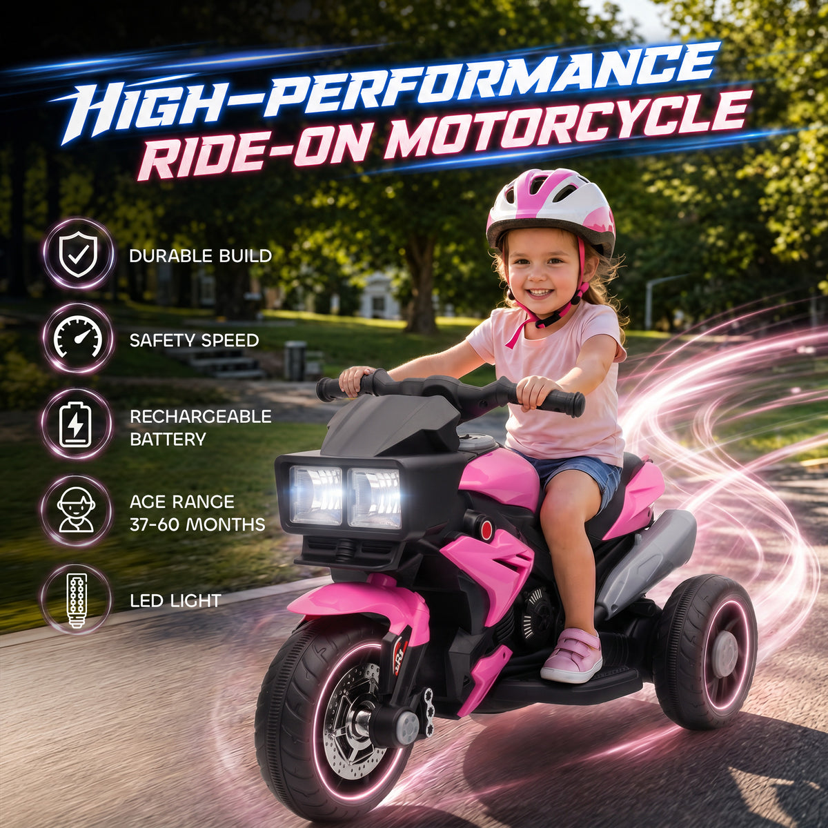 Kids Electric Pedal Motorcycle Ride-On Toy 6V Battery Powered w/ Music Horn Headlights Motorbike for 37â€“60 M Pink-Toys & Games > Baby & Toddler Toys > Electric Ride-On Toys > Electric Motorcycles-DECOROLALA