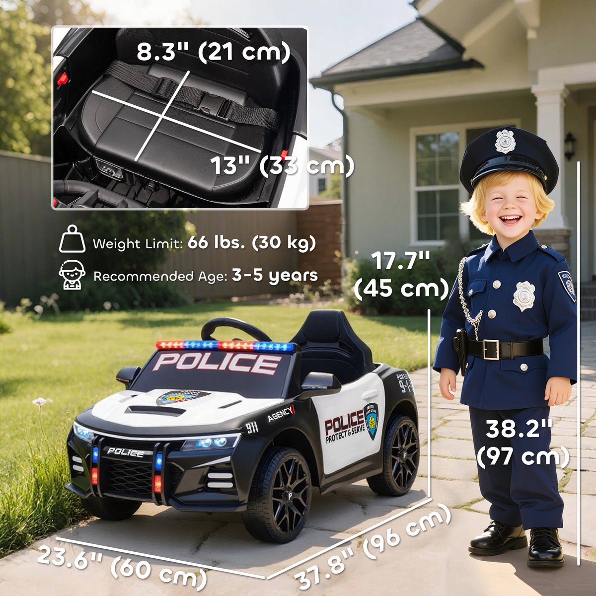 Kids Electric Ride on Police Car with Remote Control, Sirens, Flashing Lights, Music, Horn, Shock Absorbers, White-Toys & Games > Baby & Toddler Toys > Electric Ride-On Toys > Electric Toy Cars-DECOROLALA