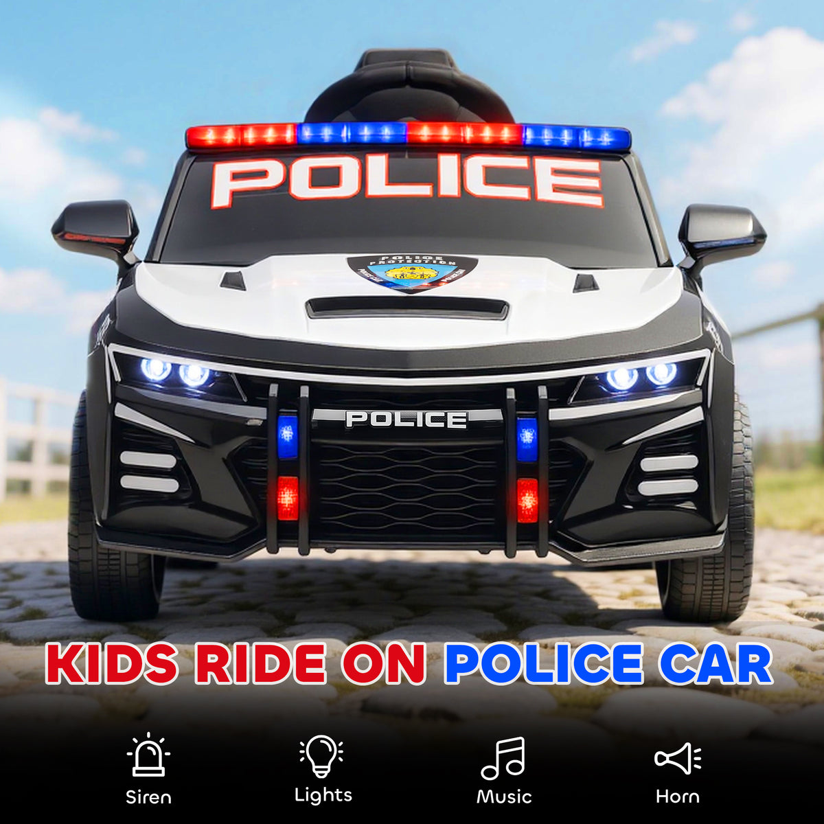 Kids Electric Ride on Police Car with Remote Control, Sirens, Flashing Lights, Music, Horn, Shock Absorbers, White-Toys & Games > Baby & Toddler Toys > Electric Ride-On Toys > Electric Toy Cars-DECOROLALA