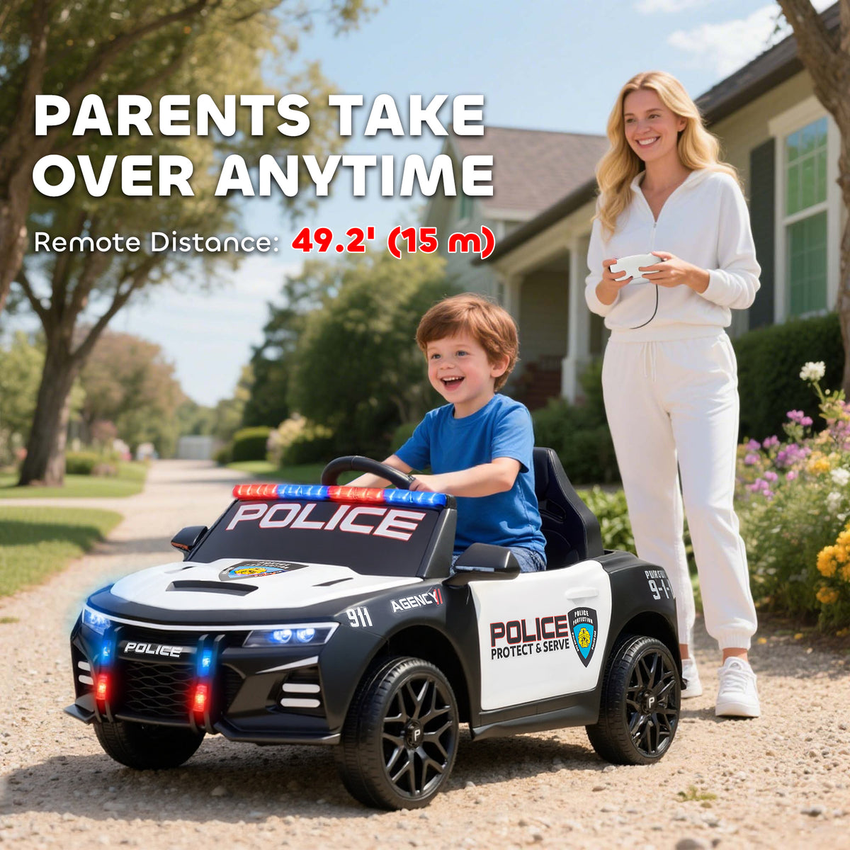 Kids Electric Ride on Police Car with Remote Control, Sirens, Flashing Lights, Music, Horn, Shock Absorbers, White-Toys & Games > Baby & Toddler Toys > Electric Ride-On Toys > Electric Toy Cars-DECOROLALA