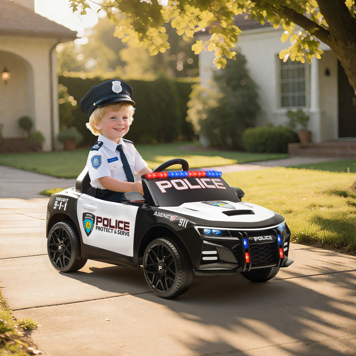 Kids Electric Ride on Police Car with Remote Control, Sirens, Flashing Lights, Music, Horn, Shock Absorbers, White-Toys & Games > Baby & Toddler Toys > Electric Ride-On Toys > Electric Toy Cars-DECOROLALA