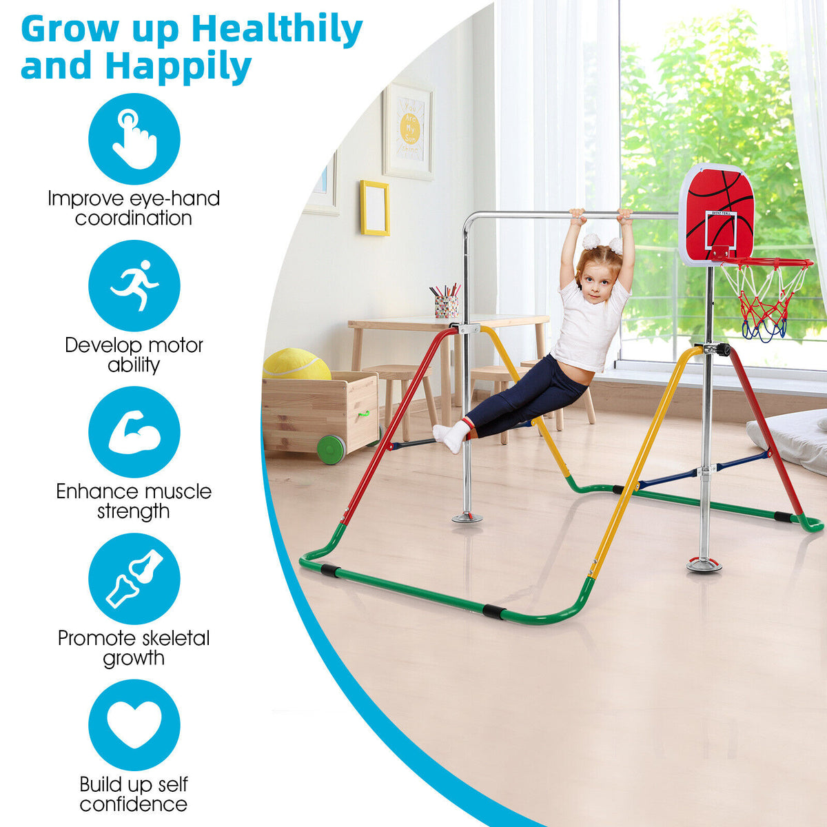 Barre horizontale de gymnastique pliante pour enfants avec panier de basket