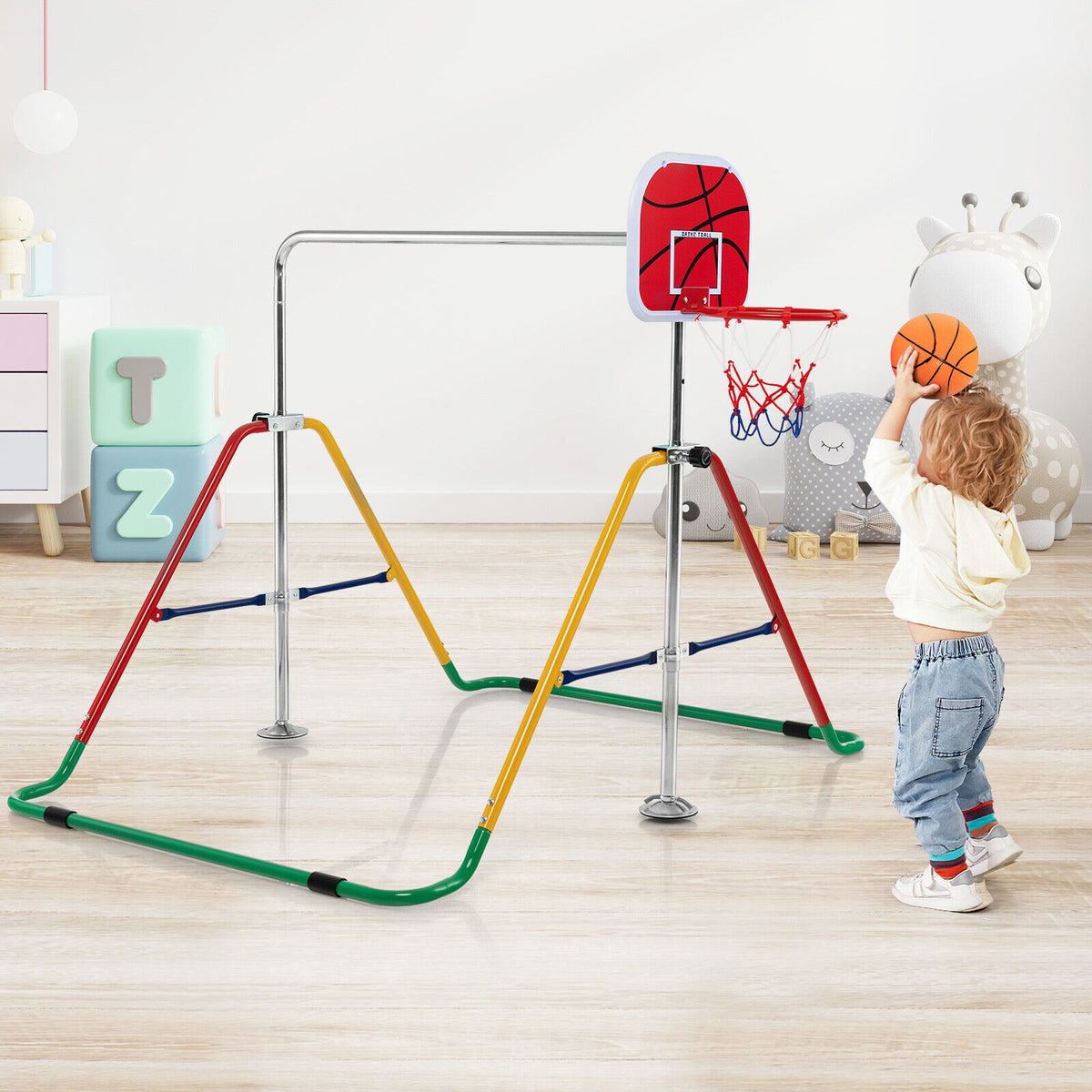 Barre horizontale de gymnastique pliante pour enfants avec panier de basket