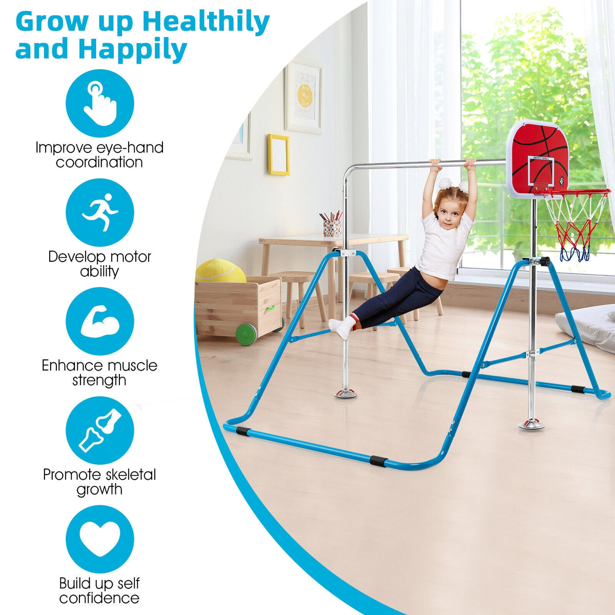 Barre horizontale de gymnastique pliante pour enfants avec panier de basket